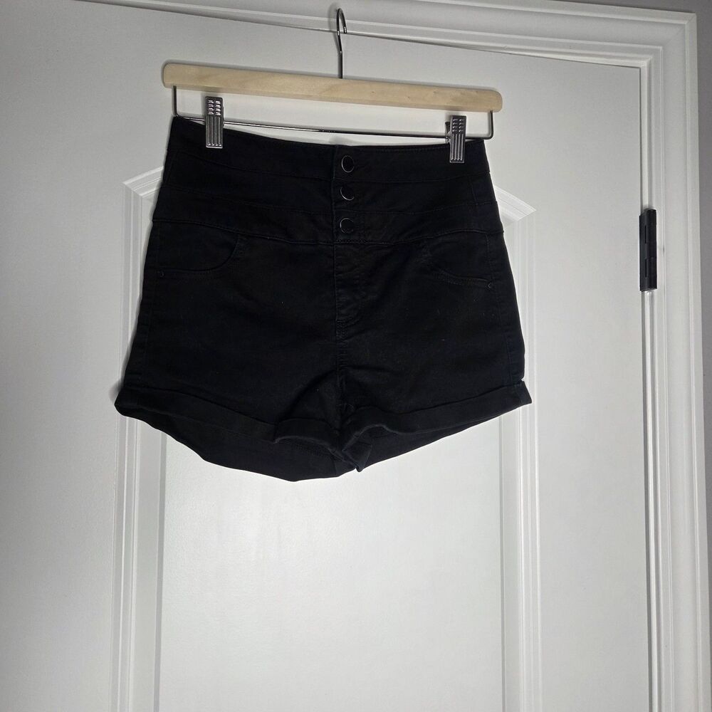 Tinseltown Juniors Size 5 High Waisted 3 Button Black Denim Shorts Buttoned Zip